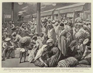 Die Pest in Bombay, Einheimische am Victoria-Bahnhof verlassen die Stadt mit einem Sonderzug